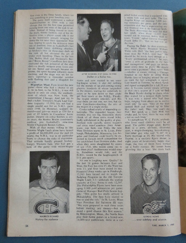 Time Magazine March 1, 1968 Chicago's Bobby Hull