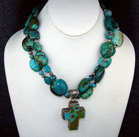 Sterling Silver Tibetan Beads Turquoise Cross Necklace