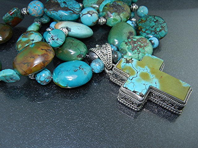 Sterling Silver Tibetan Beads Turquoise Cross Necklace