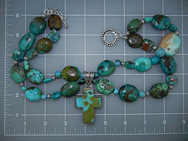 Sterling Silver Tibetan Beads Turquoise Cross Necklace