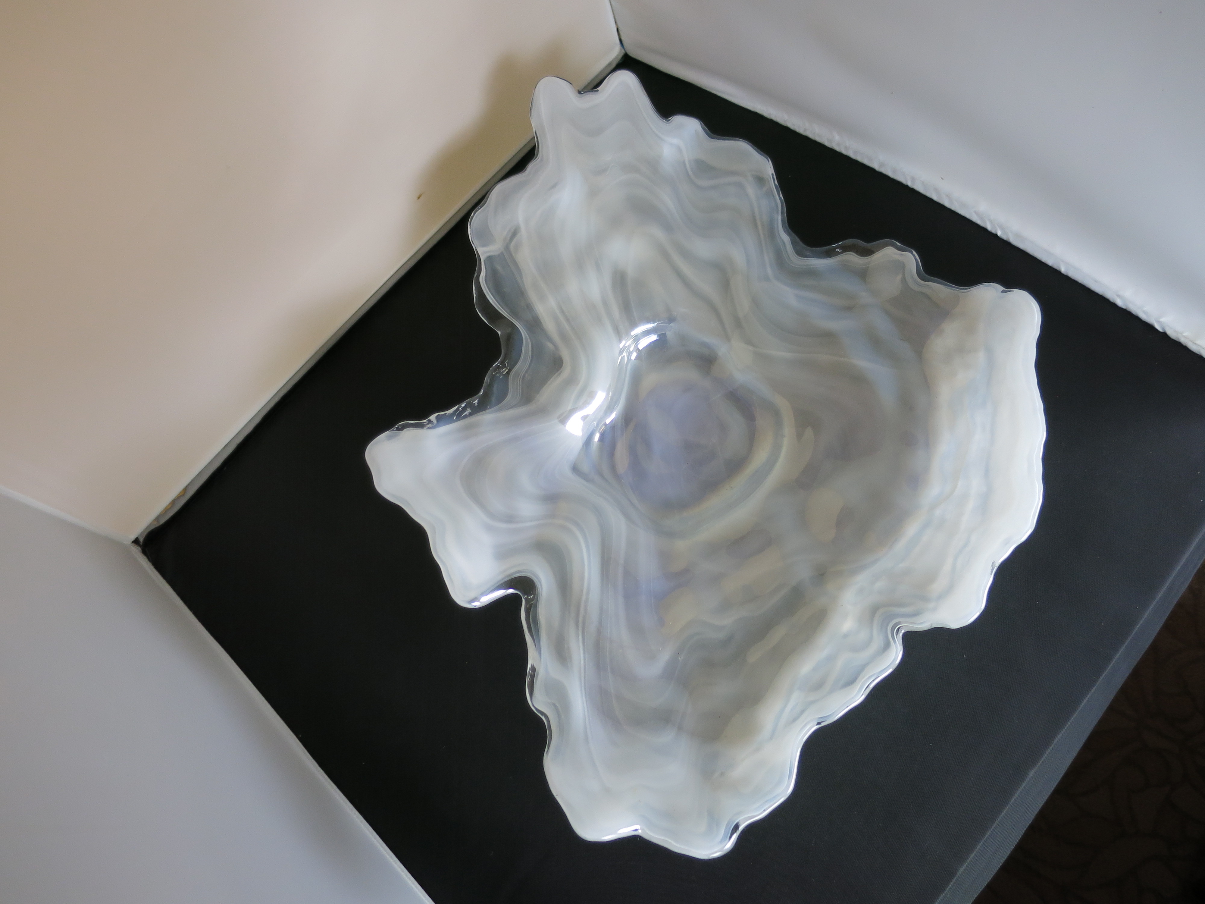 White Opalescent Cased Art Glass Dish bowl Oyster Shape