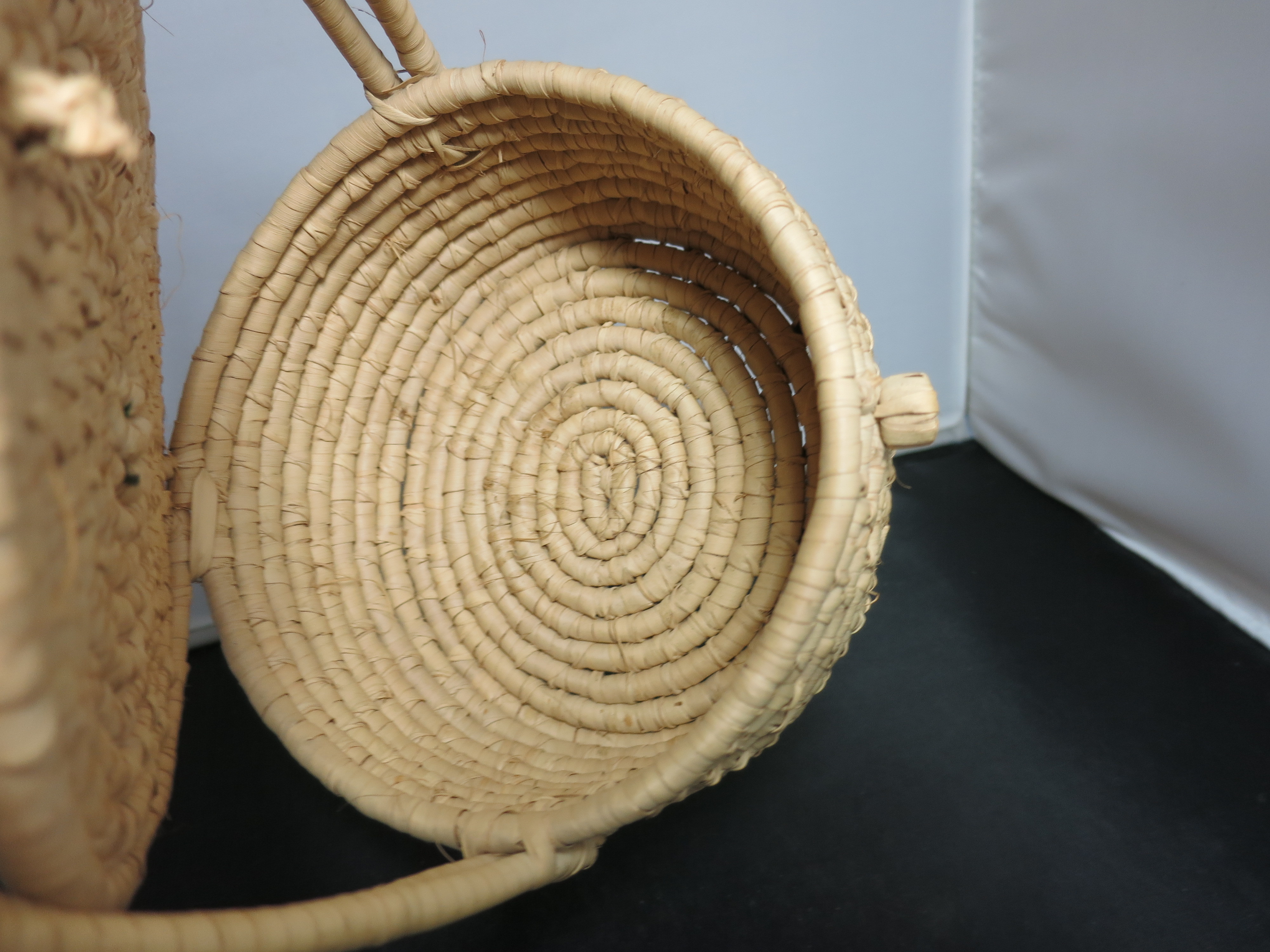Coiled Basket with Lid and Handle Black African Doll on top