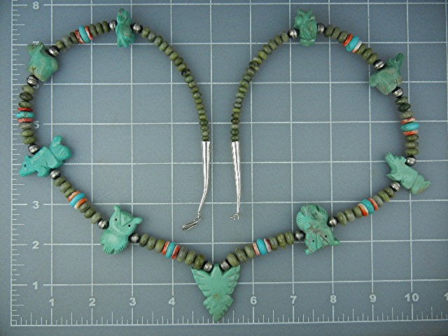 Navajo Carved Turquoise Fetish Sterling Necklace S. Tur