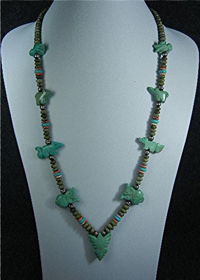 Navajo Carved Turquoise Fetish Sterling Necklace S. Tur