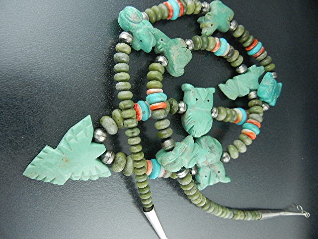 Navajo Carved Turquoise Fetish Sterling Necklace S. Tur