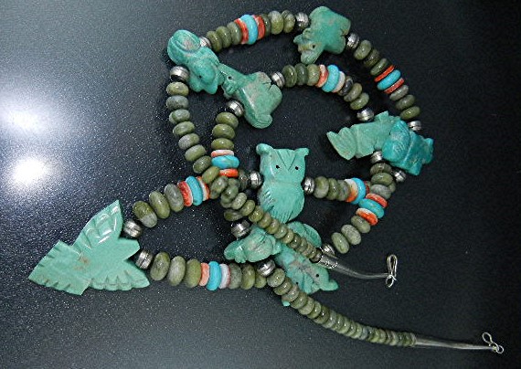Navajo Carved Turquoise Fetish Sterling Necklace S. Tur