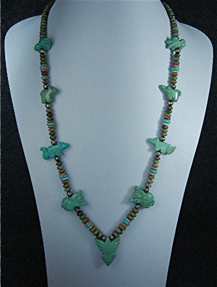 Navajo Carved Turquoise Fetish Sterling Necklace S. Tur