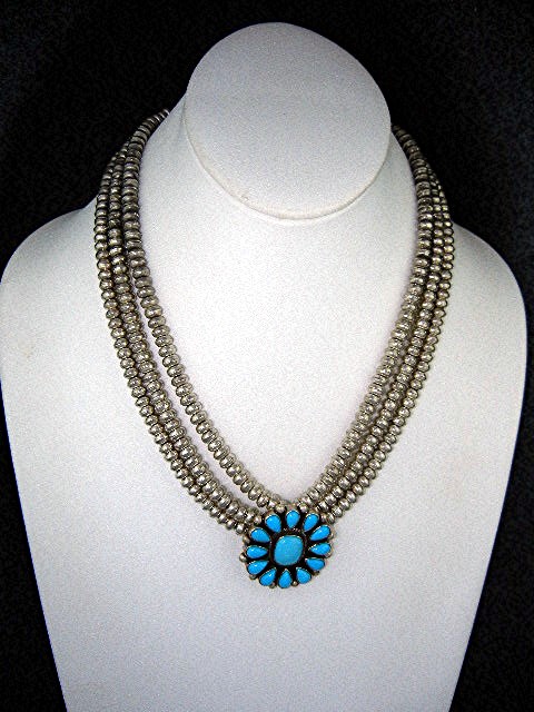 Navajo Sterling Silver Sleeping Beauty 3 Strand Necklac