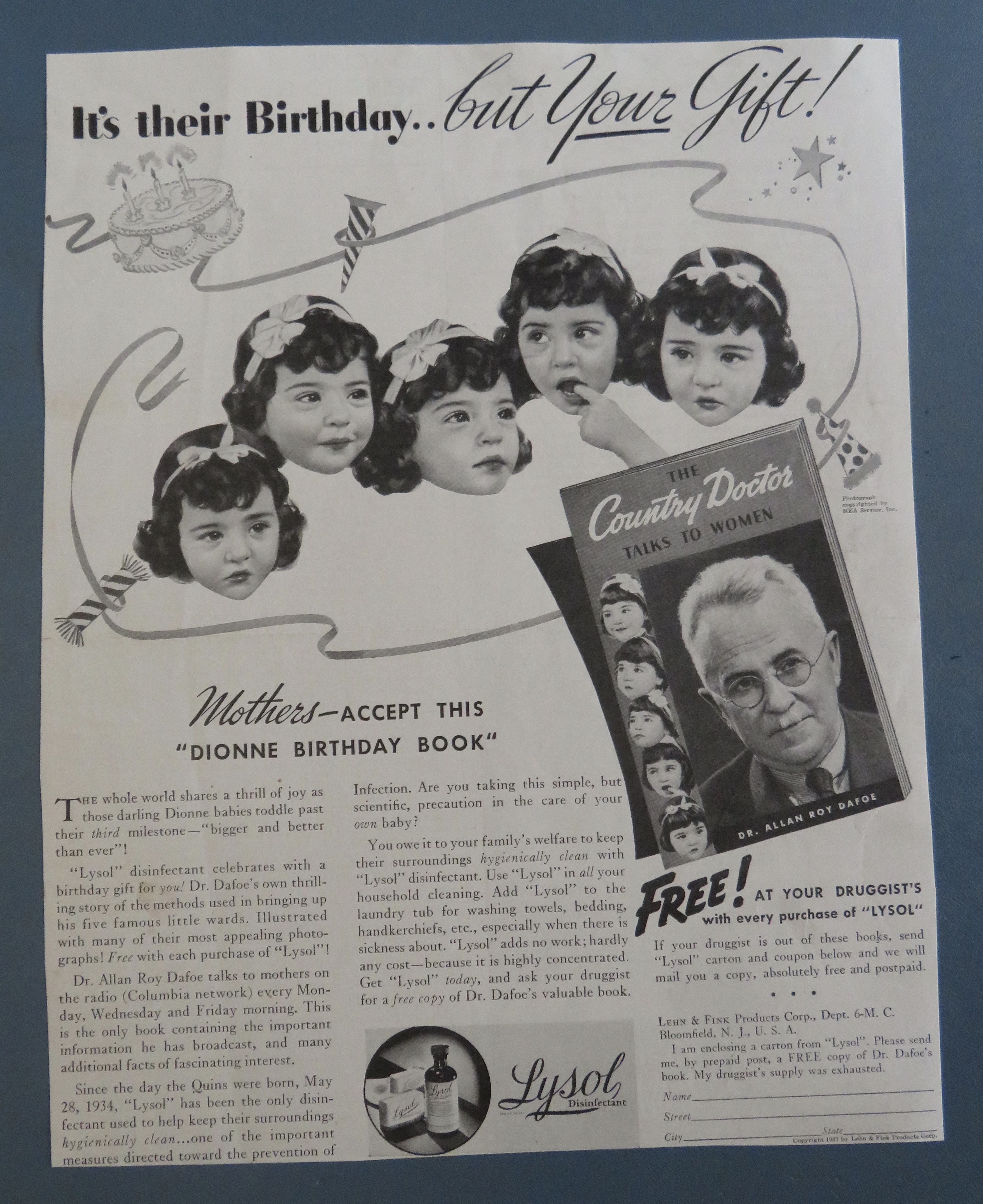 1937 Lysol Disinfectant with the Dionne Quintuplets