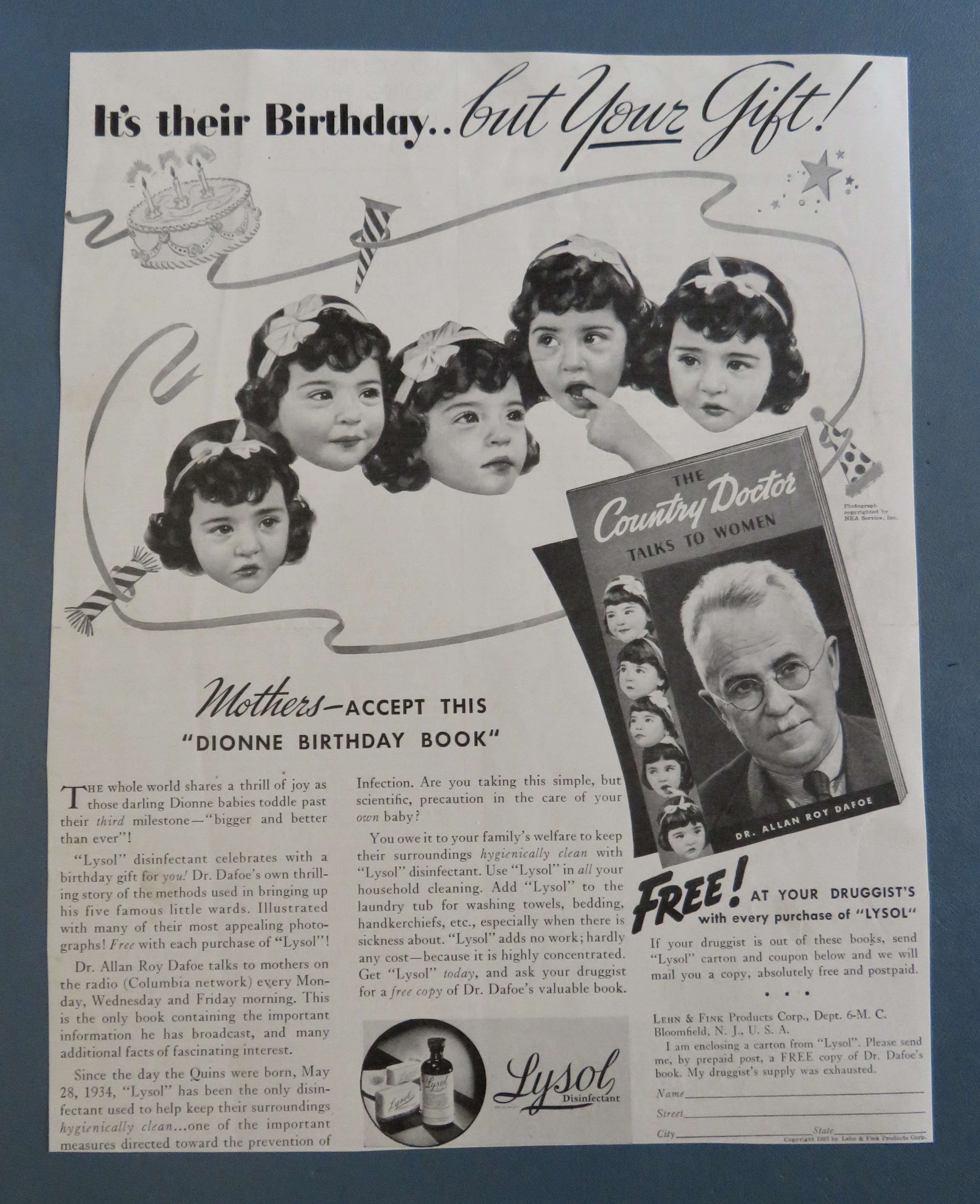 1937 Lysol Disinfectant with the Dionne Quintuplets