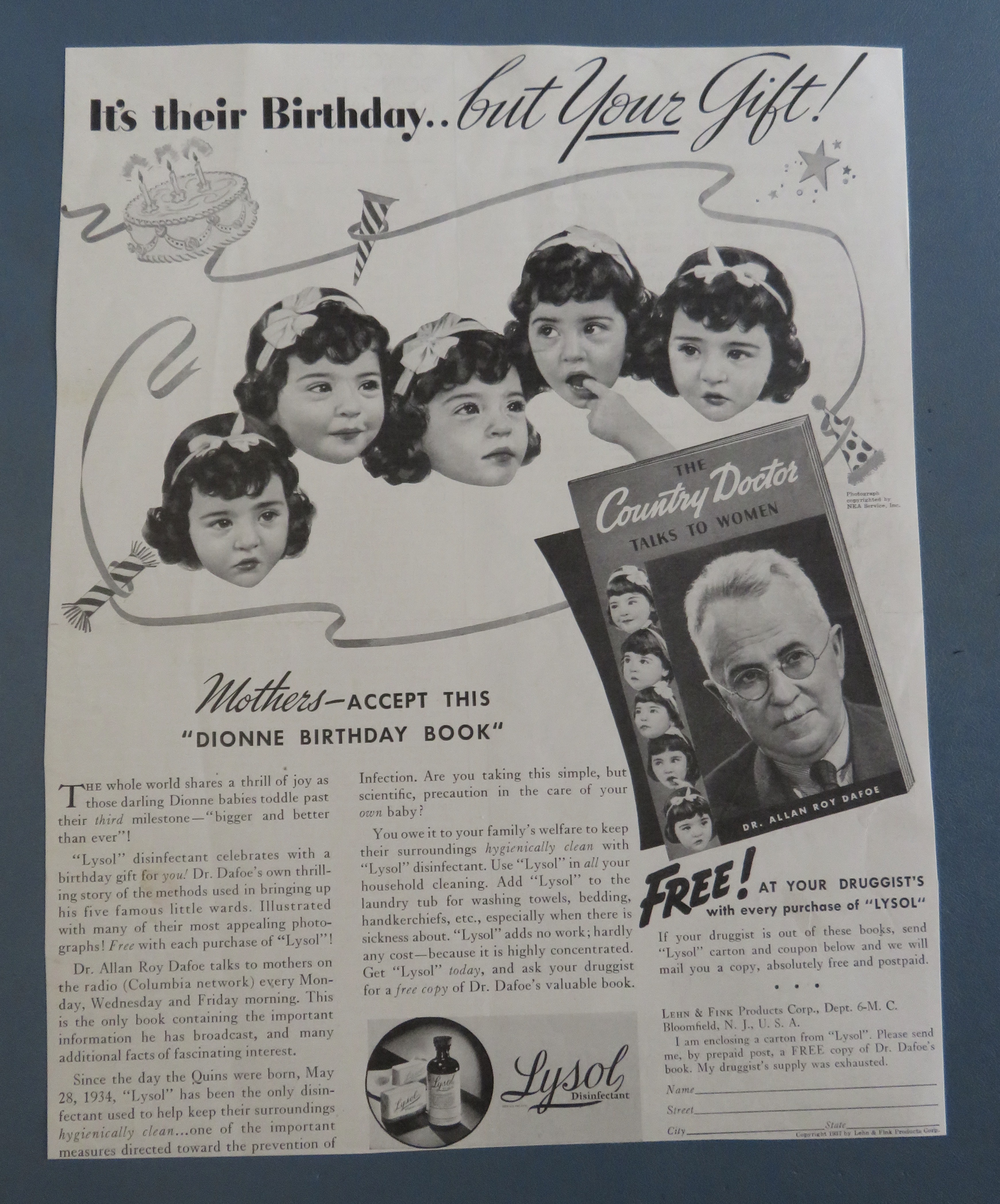 1937 Lysol Disinfectant with the Dionne Quintuplets