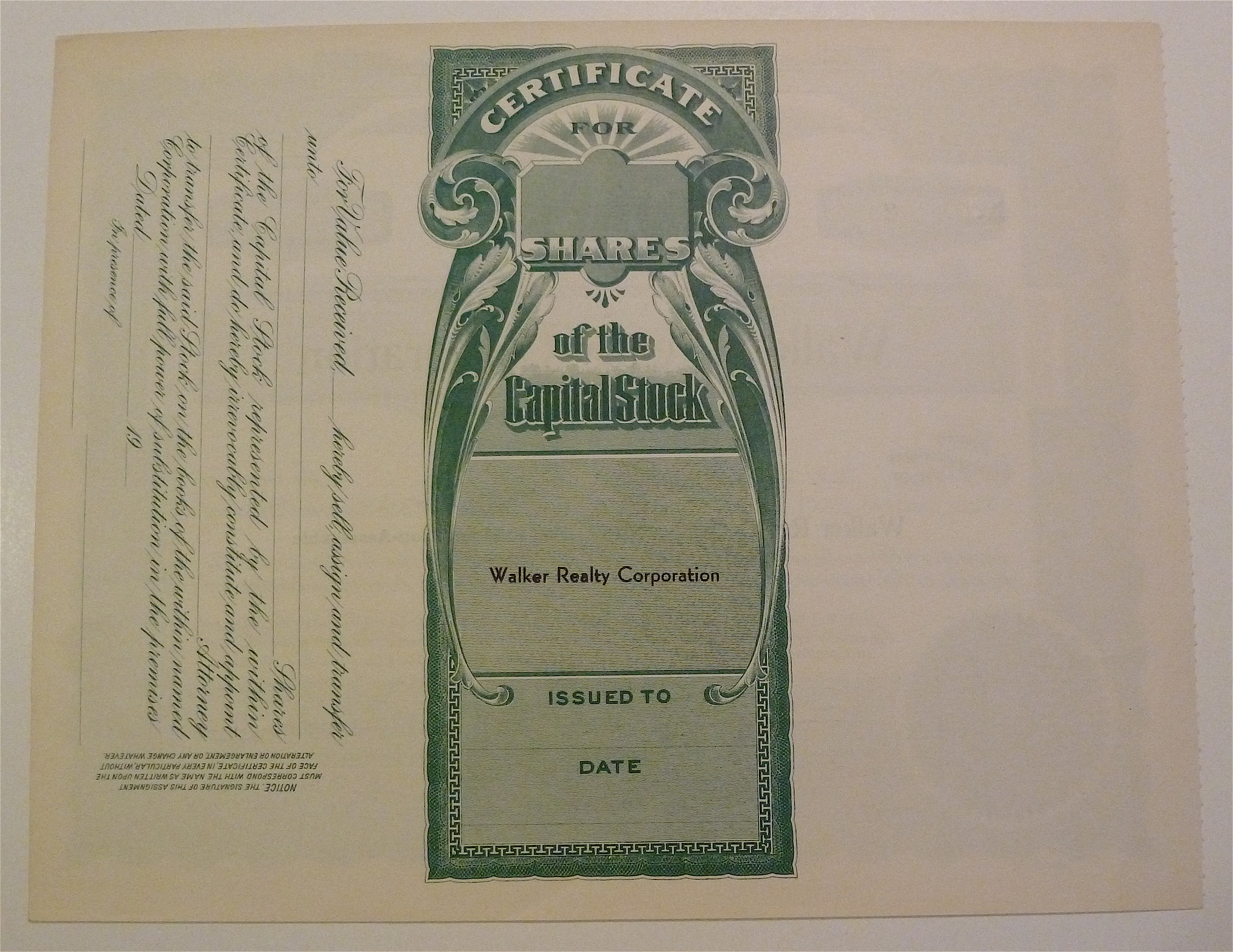 1961 Walker Realty Corporation Stock Certificate