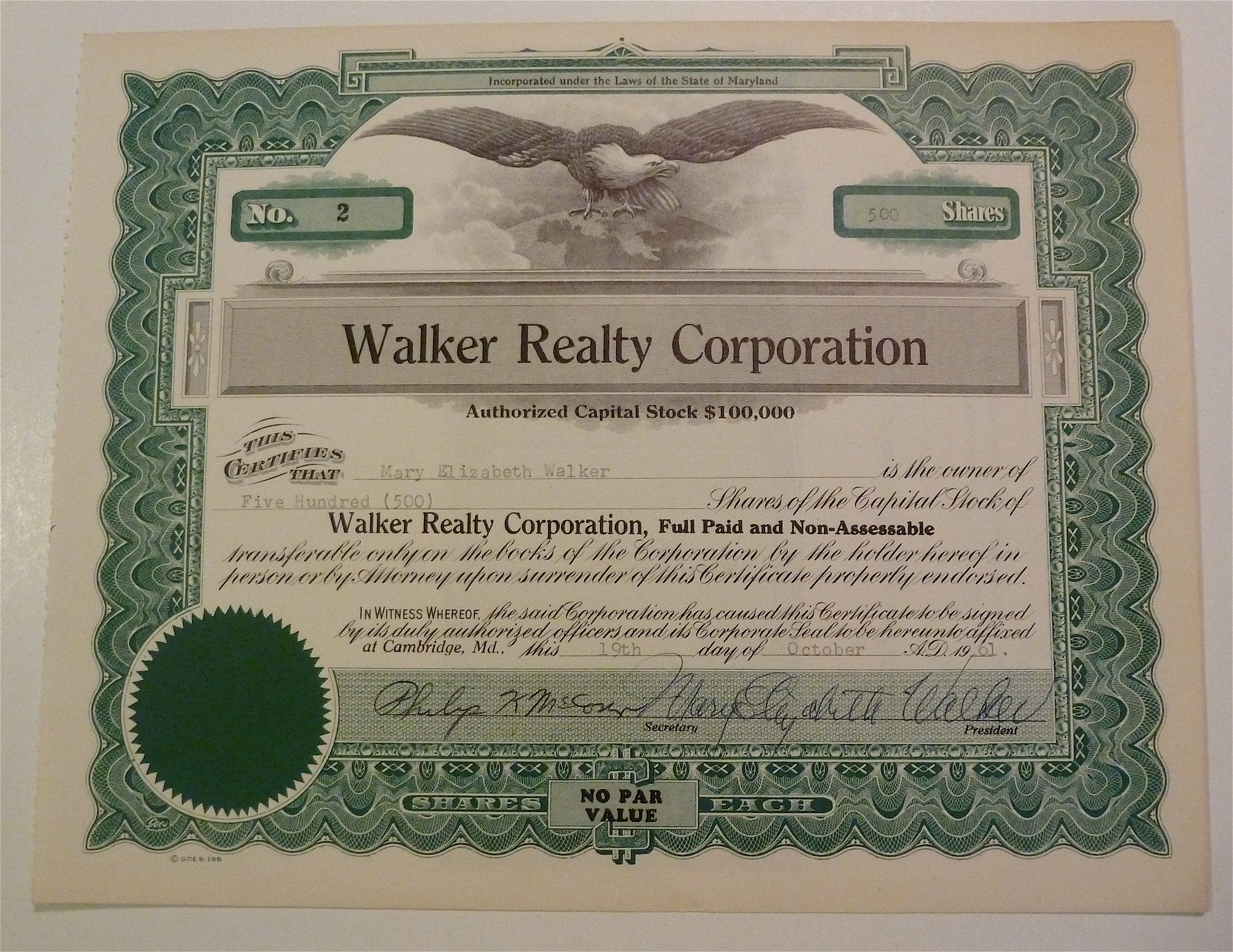 1961 Walker Realty Corporation Stock Certificate