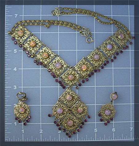 Filigree Glass Opal and Amethyst Crystal  Necklace Earr