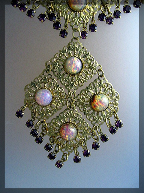 Filigree Glass Opal and Amethyst Crystal  Necklace Earr