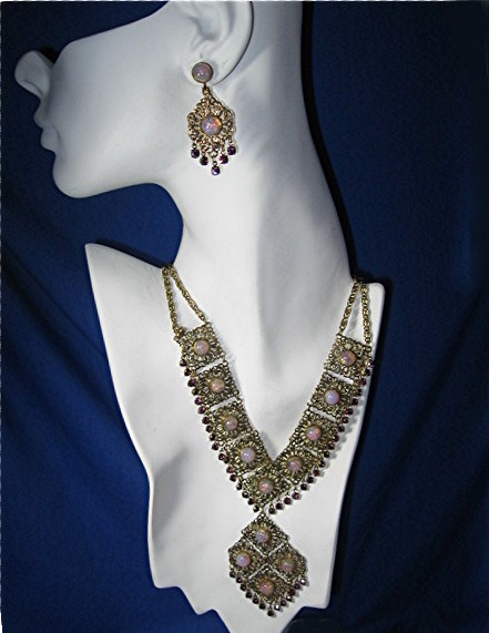 Filigree Glass Opal and Amethyst Crystal  Necklace Earr