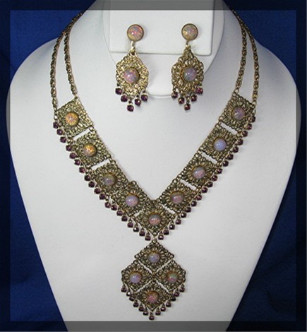 Filigree Glass Opal and Amethyst Crystal  Necklace Earr