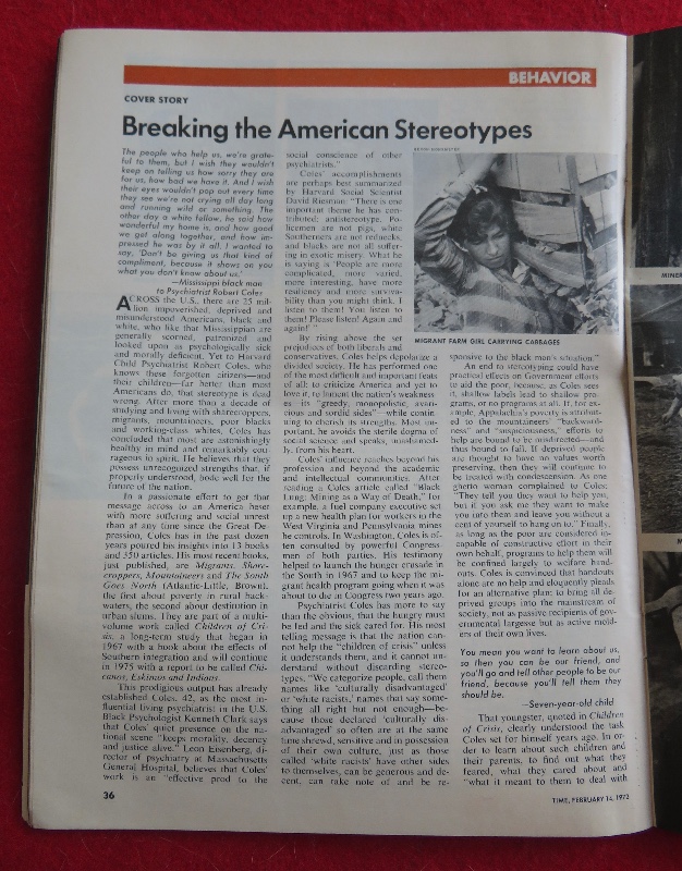 Time Magazine February 14, 1972 Psychiatrist Robert Coles