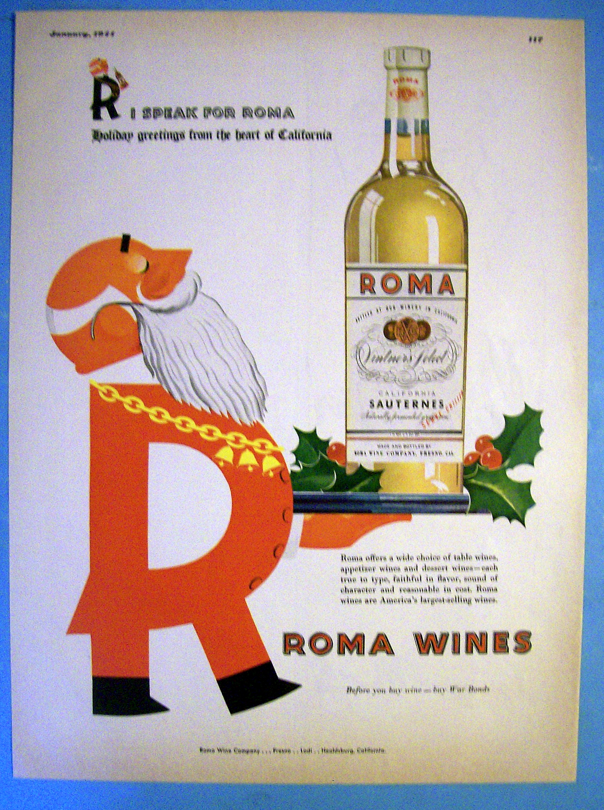 1944 Roma Wine with Santa Carrying Tray