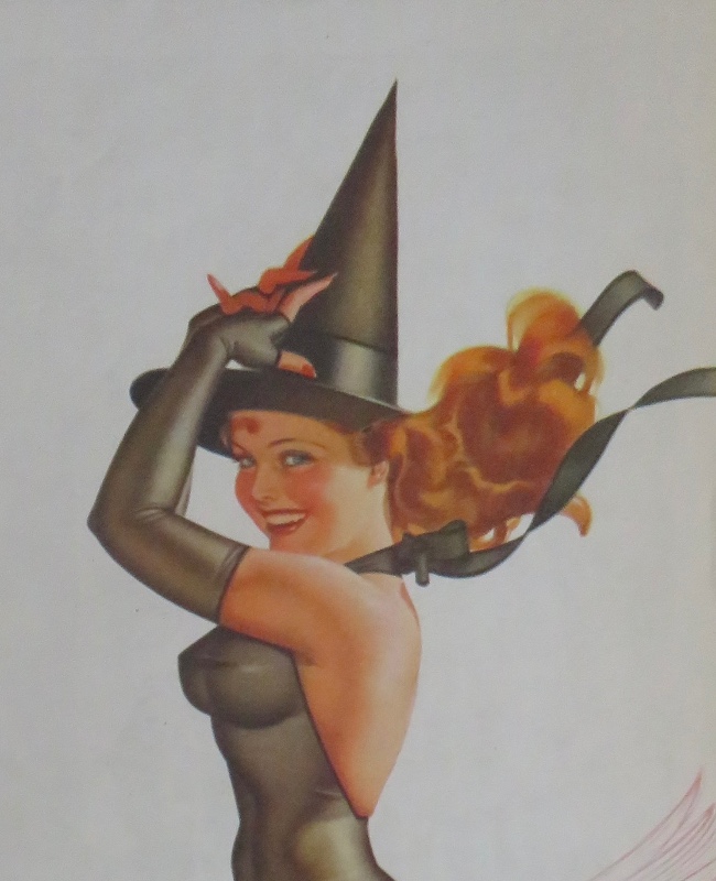 Original 1945 Sexy Halloween Pin Up Girl Wearing A Black Bodysuit Wearing A Witch's Hat While On A Broom By George Petty