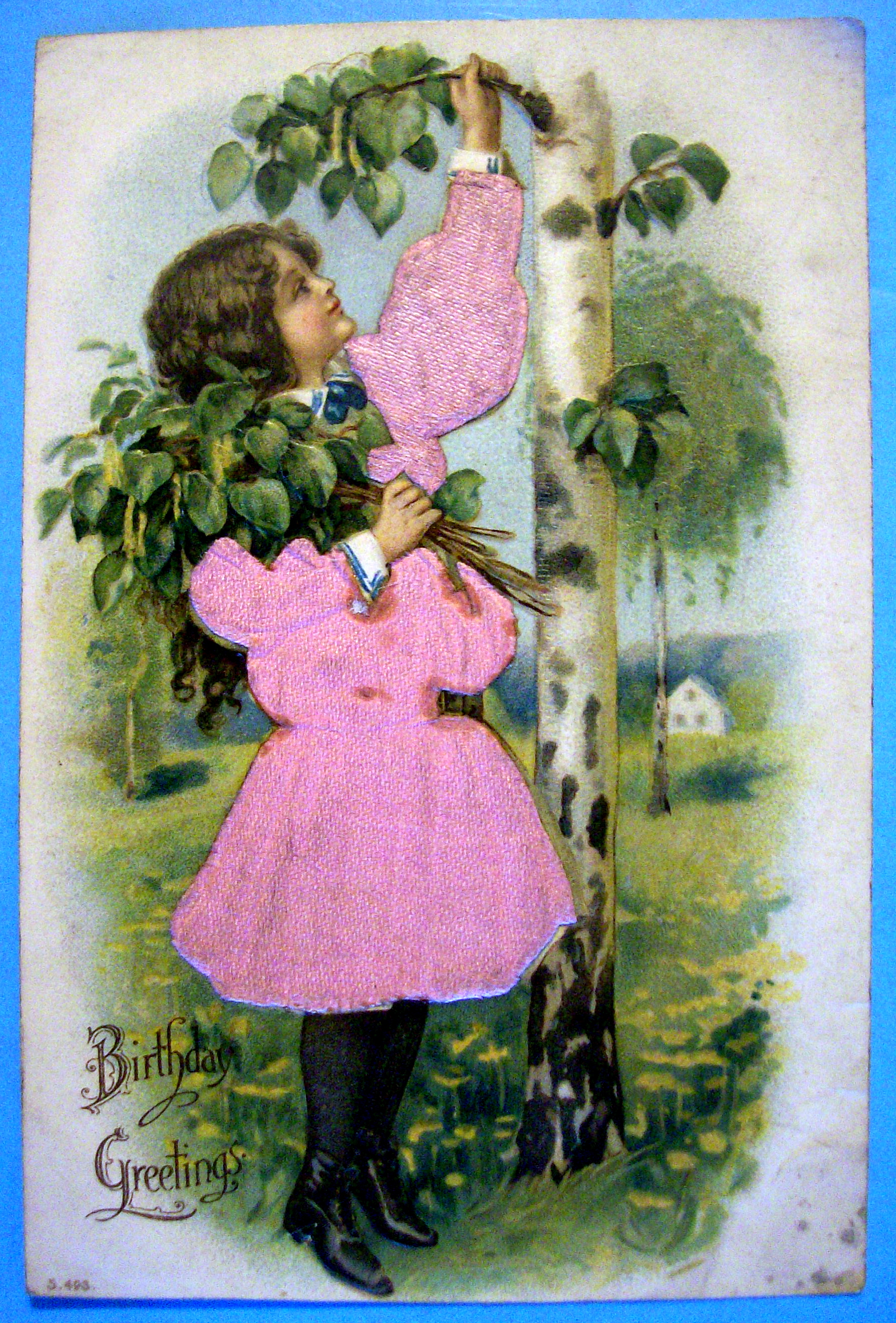 Birthday Greetings Postcard with Fabric Overlay