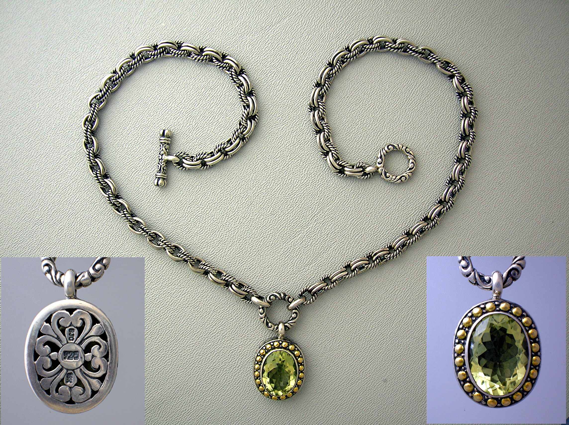 18K Gold Green Amethyst Sterling Silver Toggle Necklace