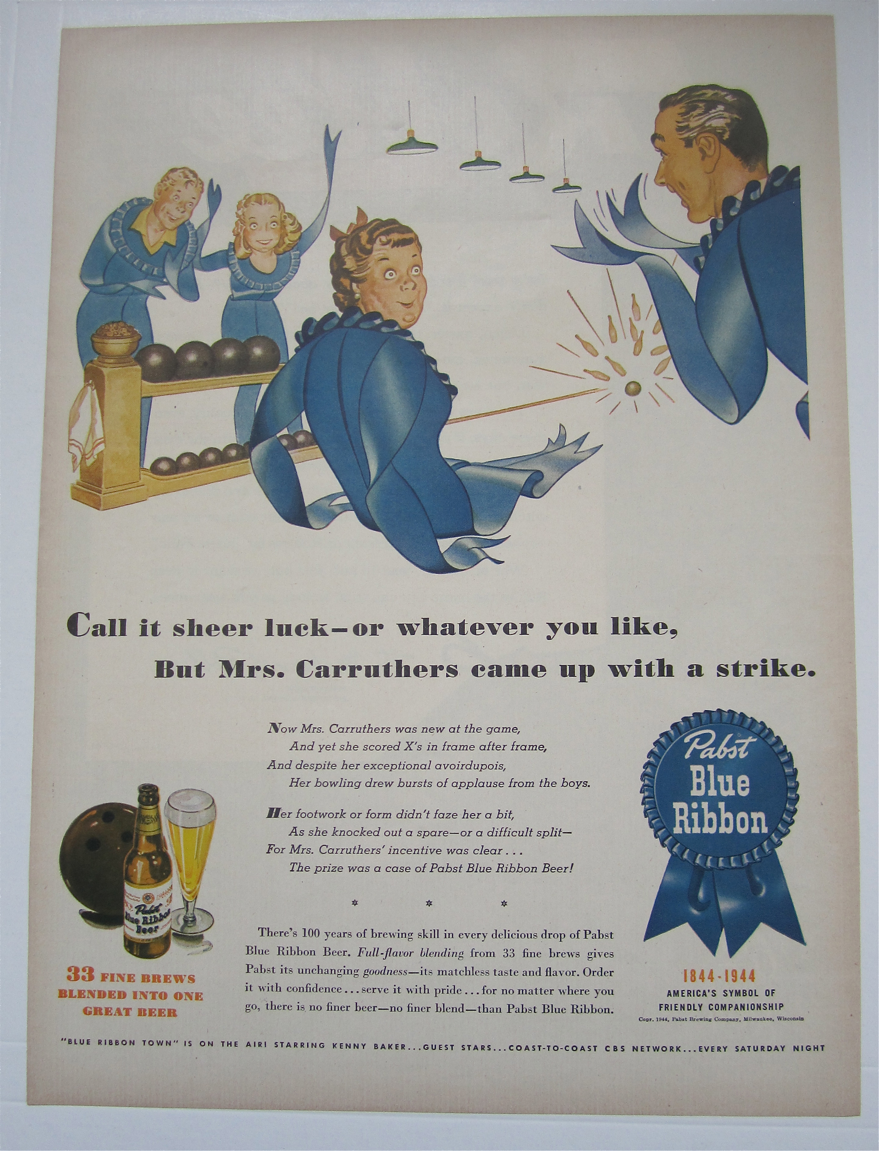 1944 Pabst Blue Ribbon Beer with Ribbon Family Bowling