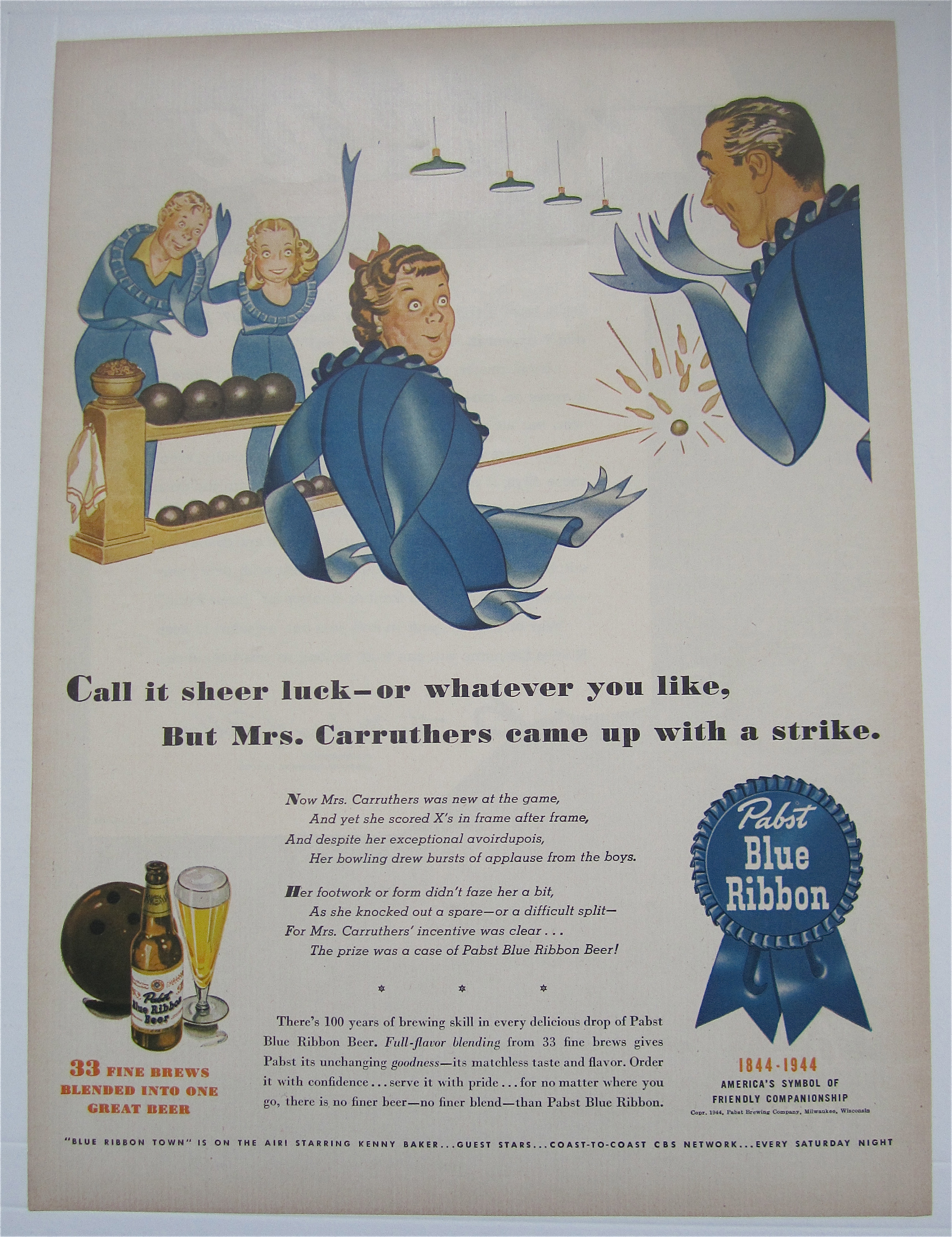 1944 Pabst Blue Ribbon Beer with Ribbon Family Bowling