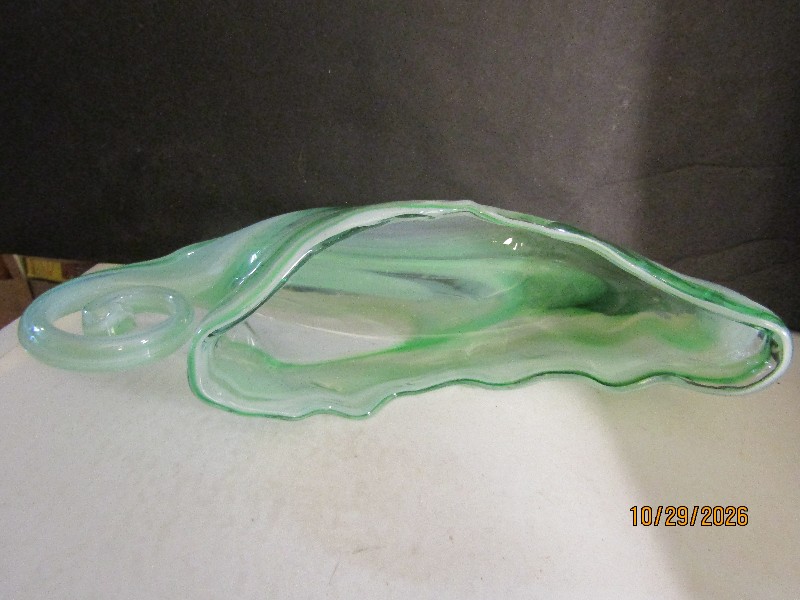Vintage Green and White Swirl Slag Art Glass Scroll Handle Boat Bowl