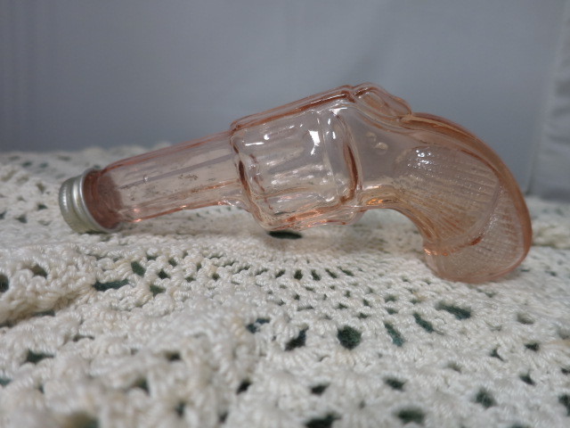 Pink Depression Glass Candy Container Pistol Shape Tin Screw Cap