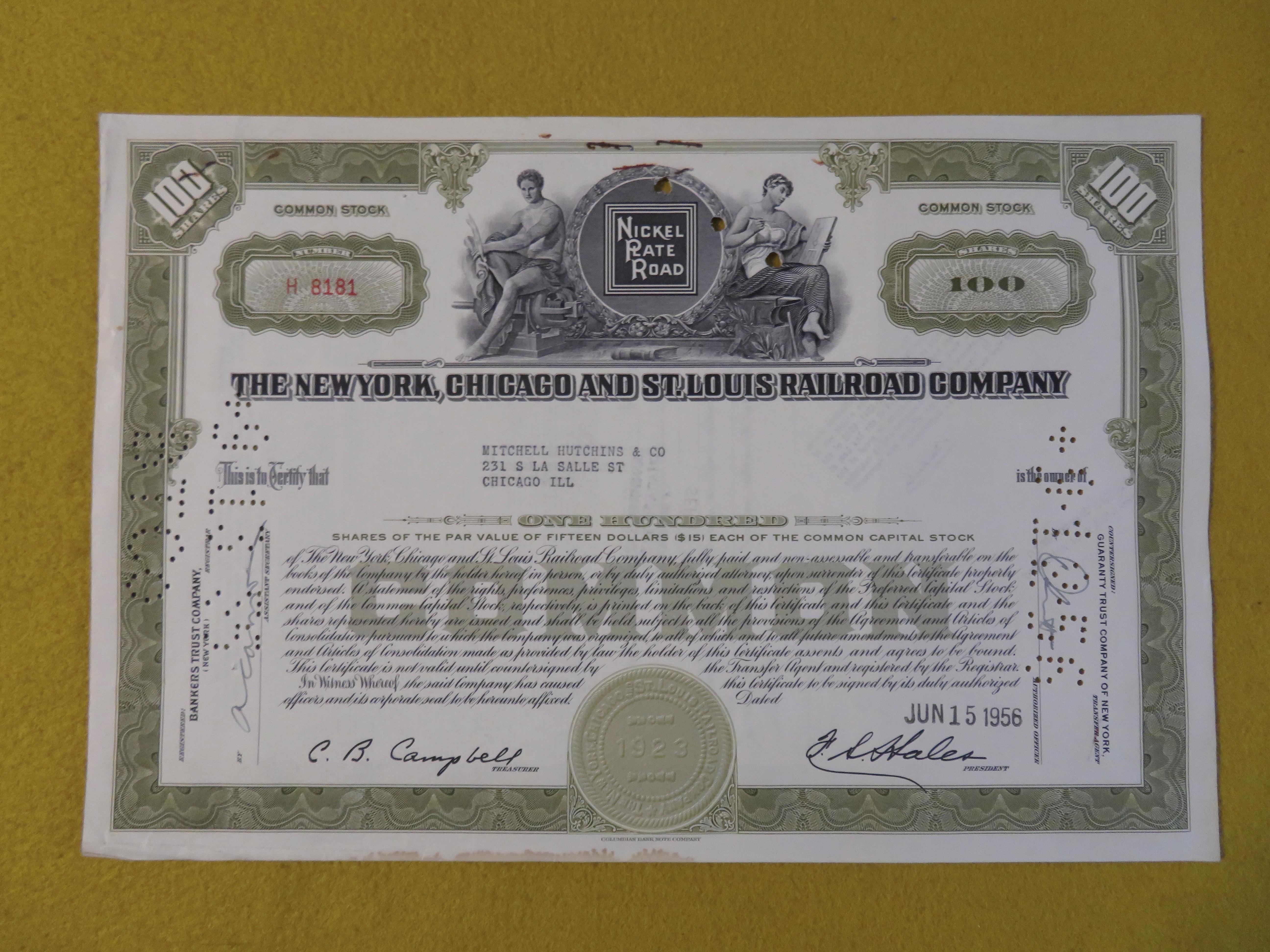 1956 New York, Chicago & St Louis Railroad Stock