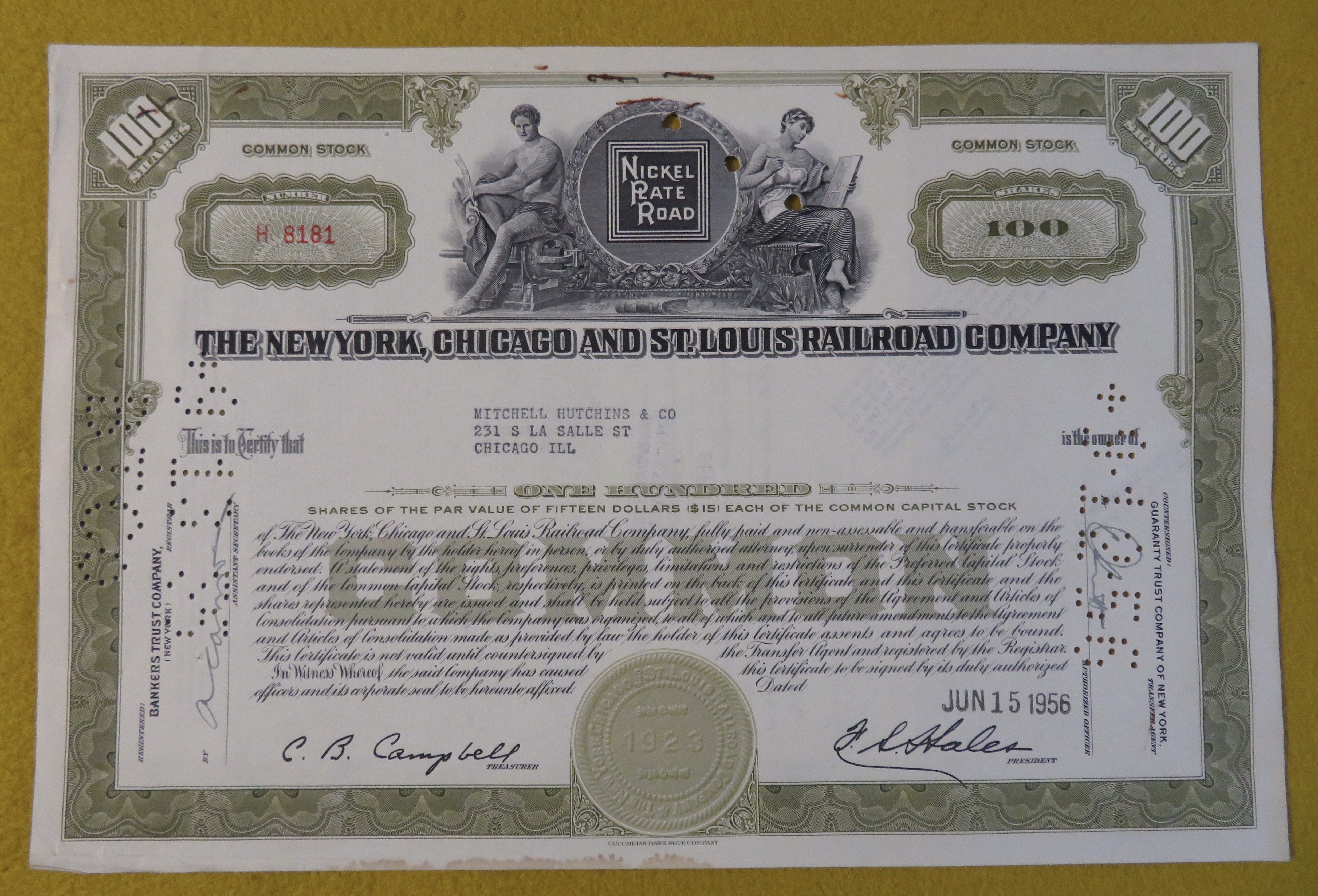 1956 New York, Chicago & St Louis Railroad Stock