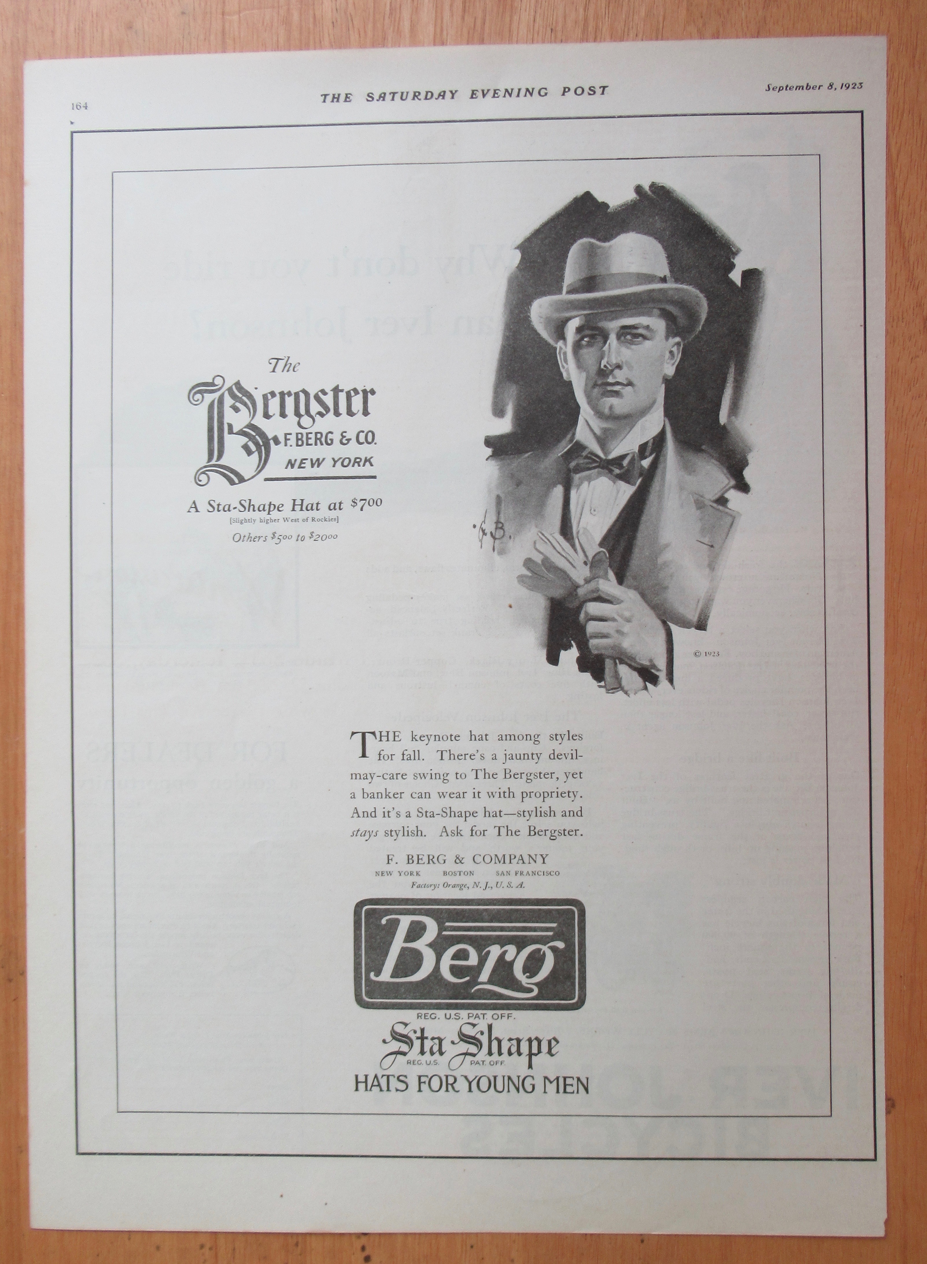 1923 Bergster Sta Shape Hats with Man Wearing a Hat