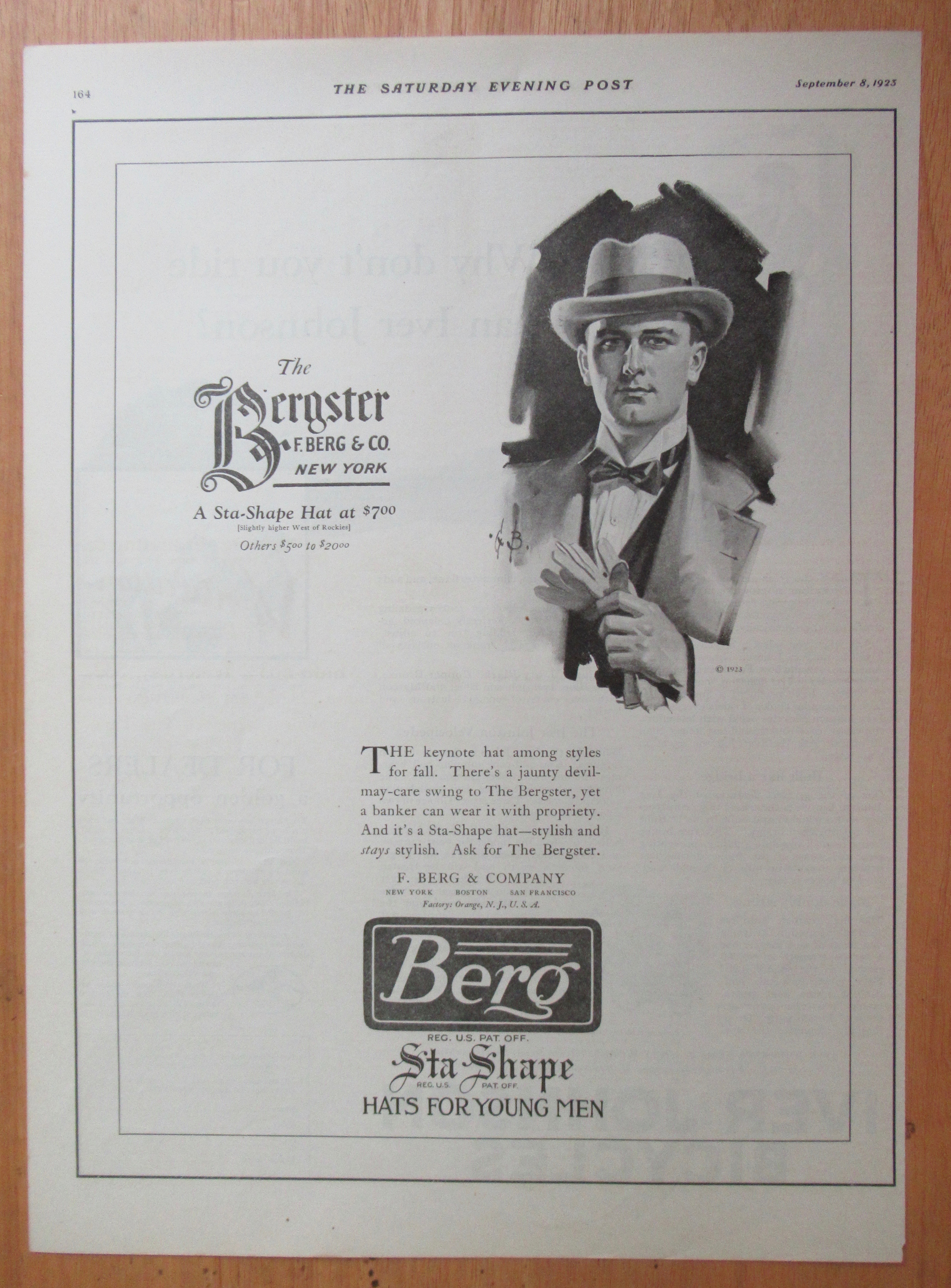 1923 Bergster Sta Shape Hats with Man Wearing a Hat