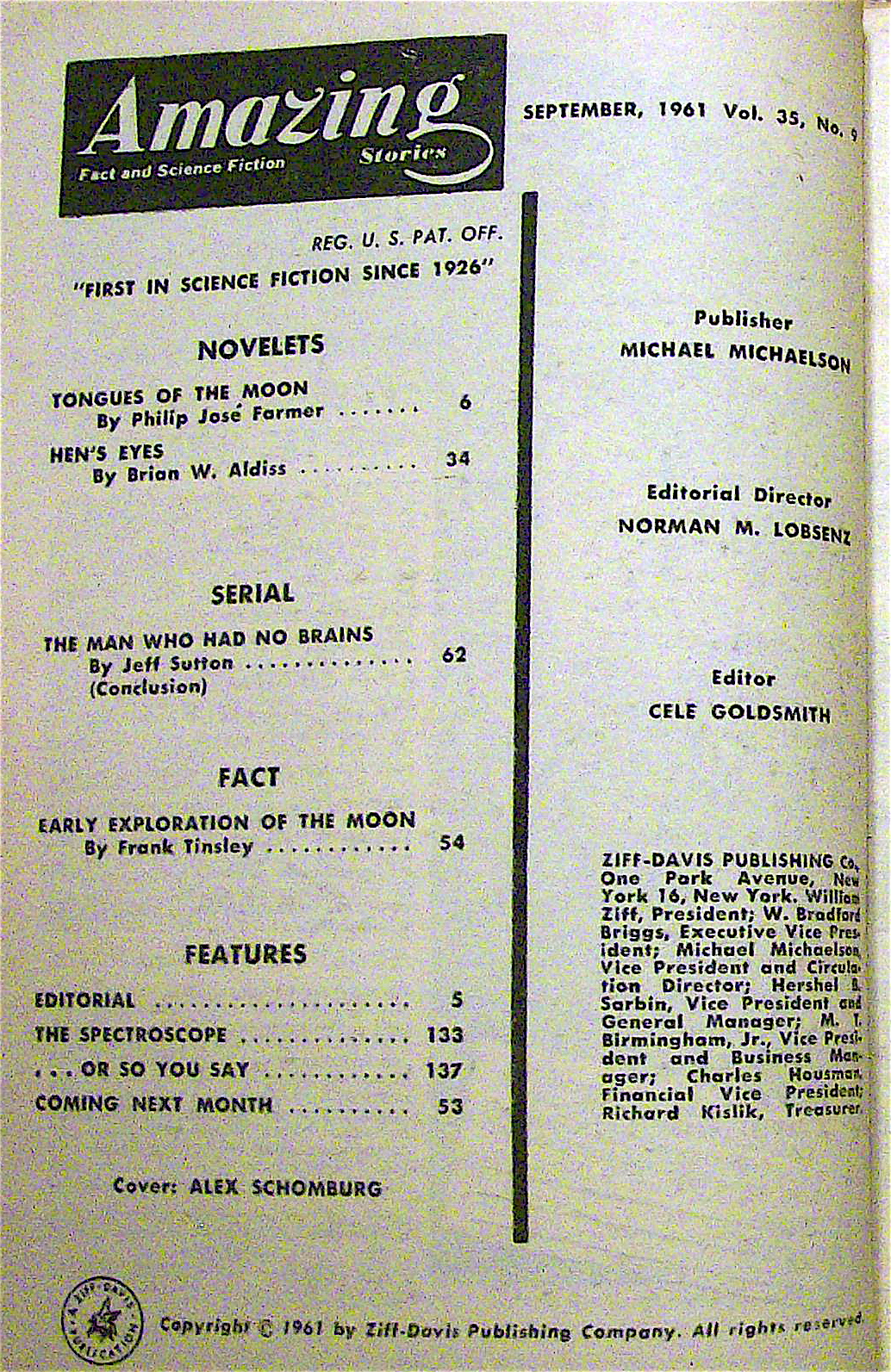 Amazing Stories Magazine September 1961 Hen's Eyes