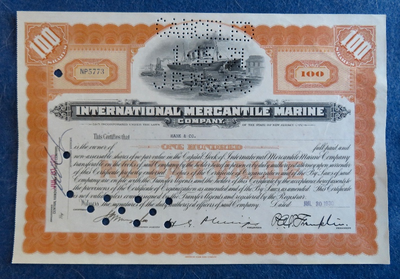 1930 International Mercantile Marine Company Stock Certificate