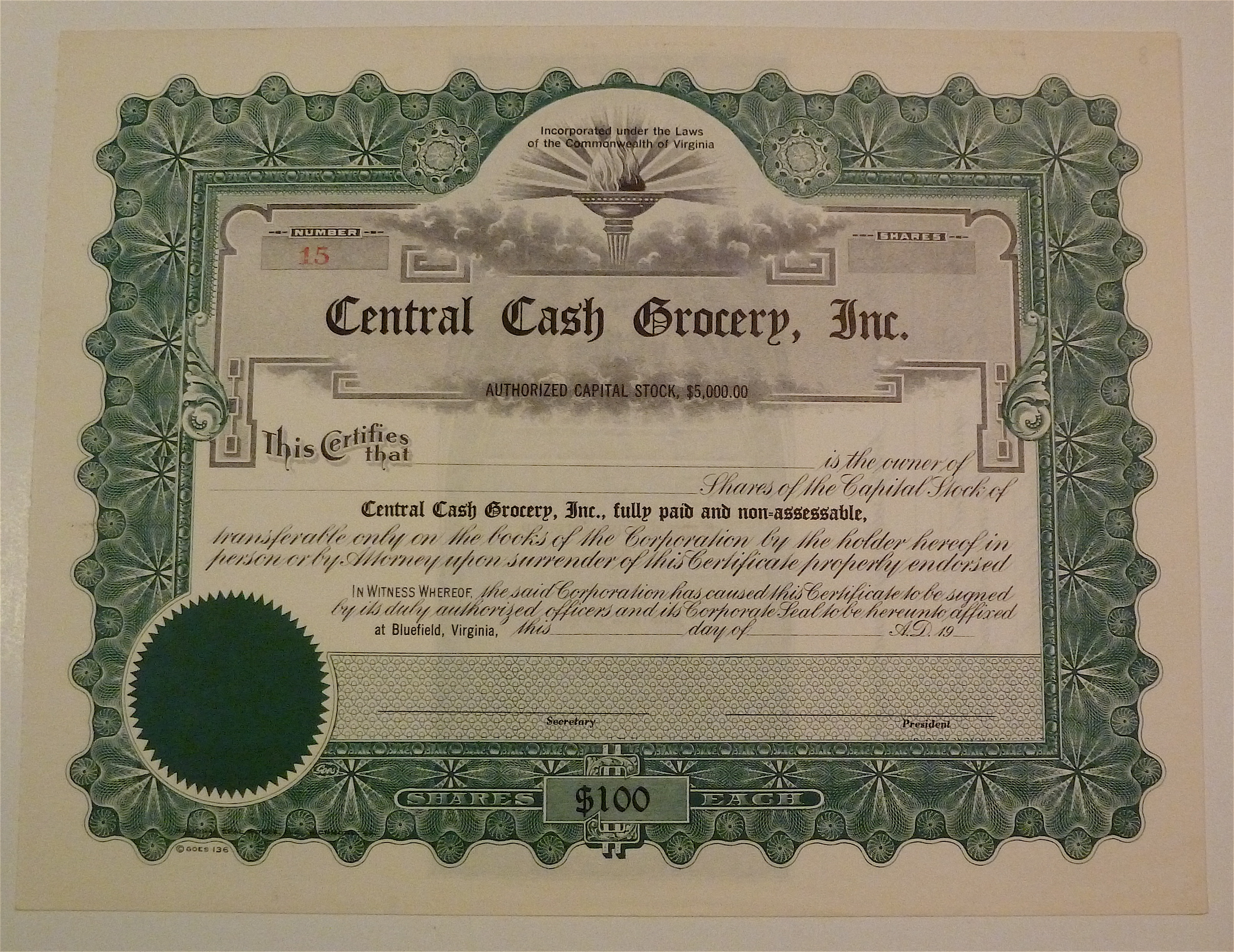 Central Cash Grocery Inc. Stock Certificate