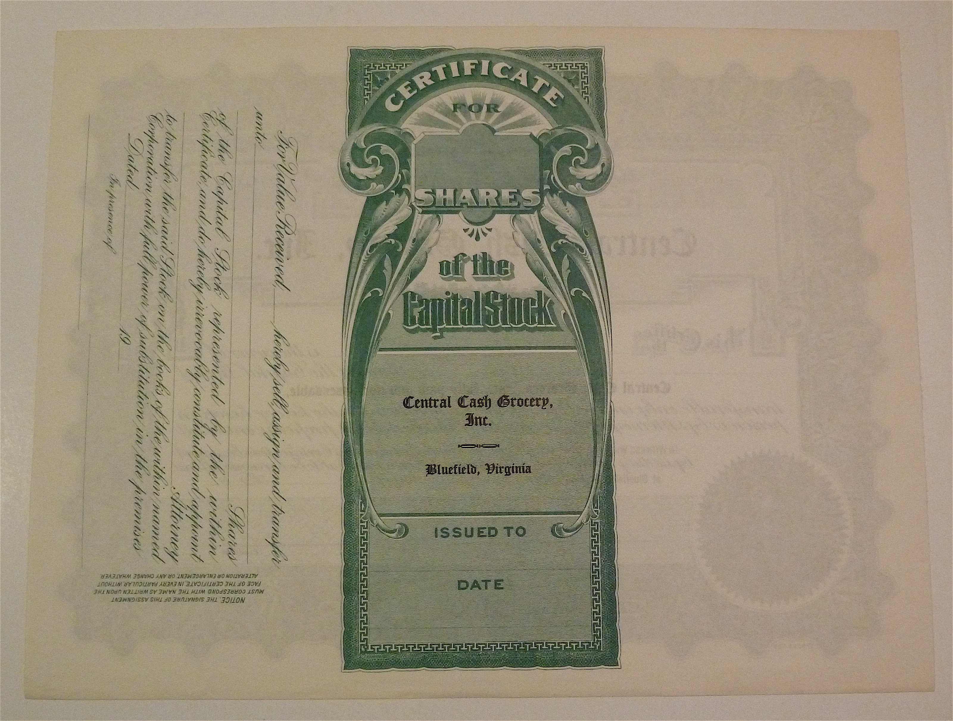 Central Cash Grocery Inc. Stock Certificate