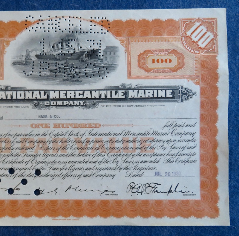 1930 International Mercantile Marine Company Stock Certificate
