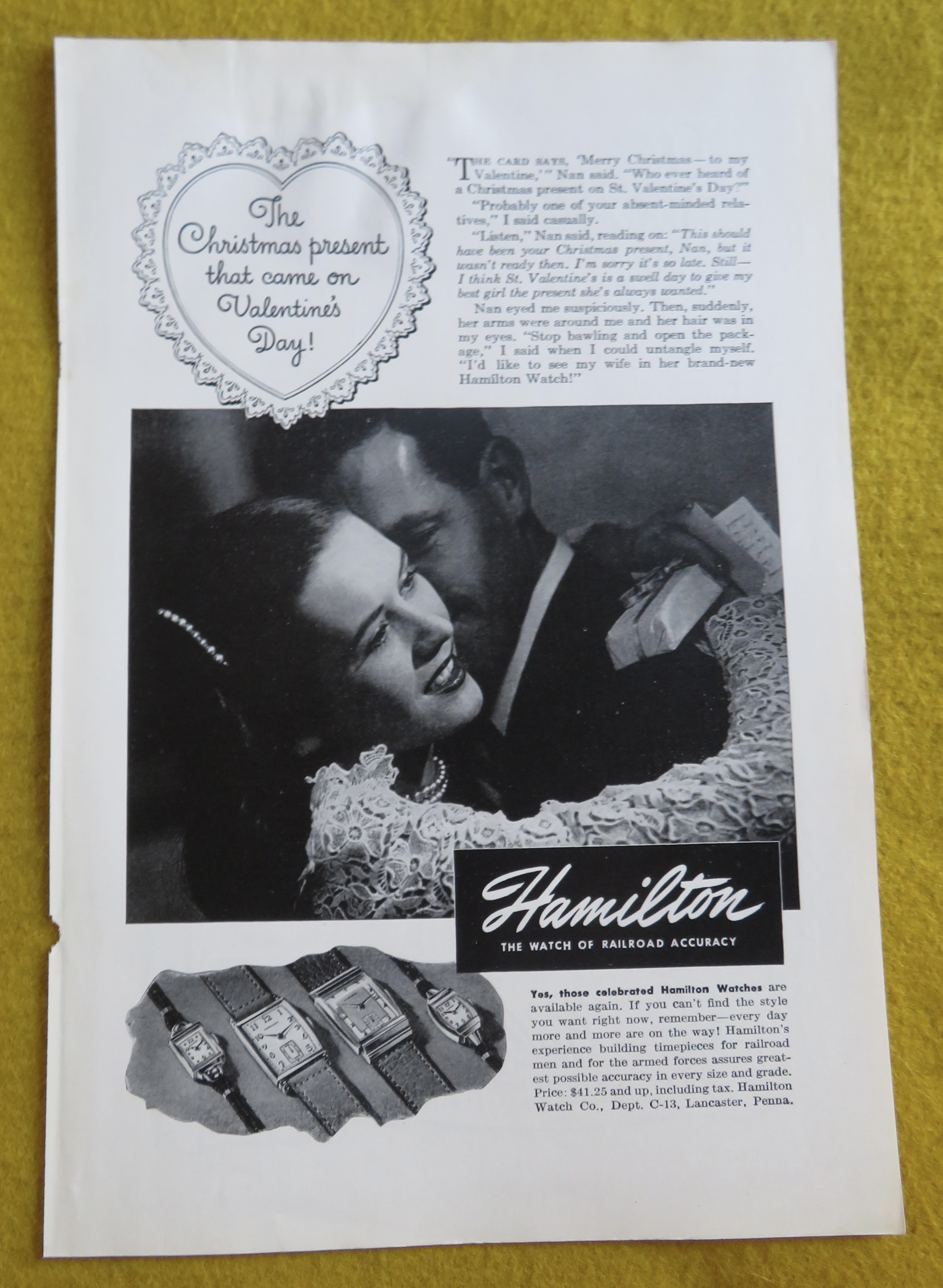 1946 Hamilton Watch with Woman Hugging a Man