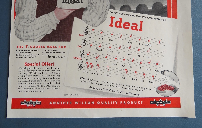 1951 Wilson's Ideal Dog Food with Woman & Dog & Cat Puppet