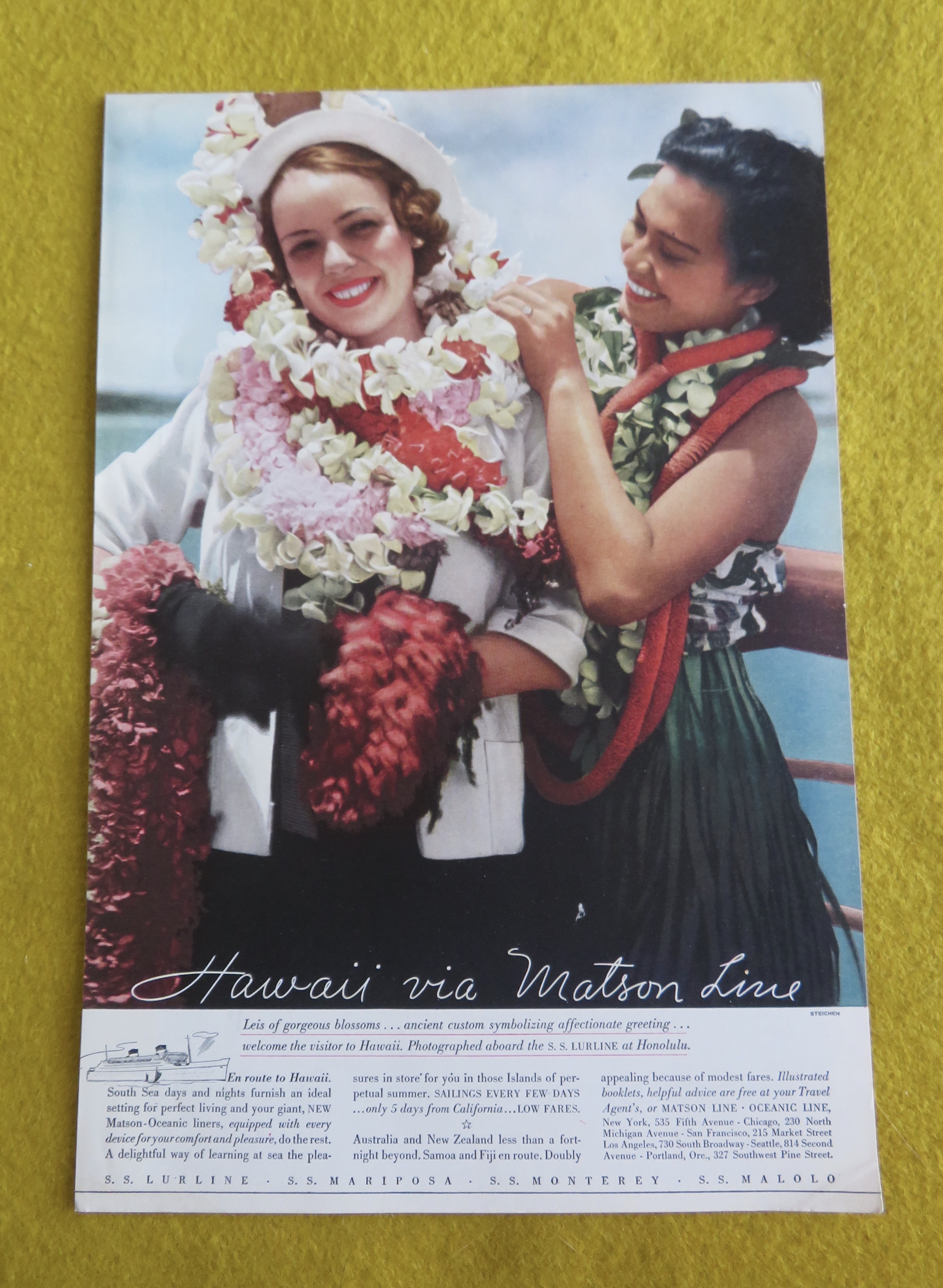 1934 Hawaii Via Matson Line with Woman Wearing Leis