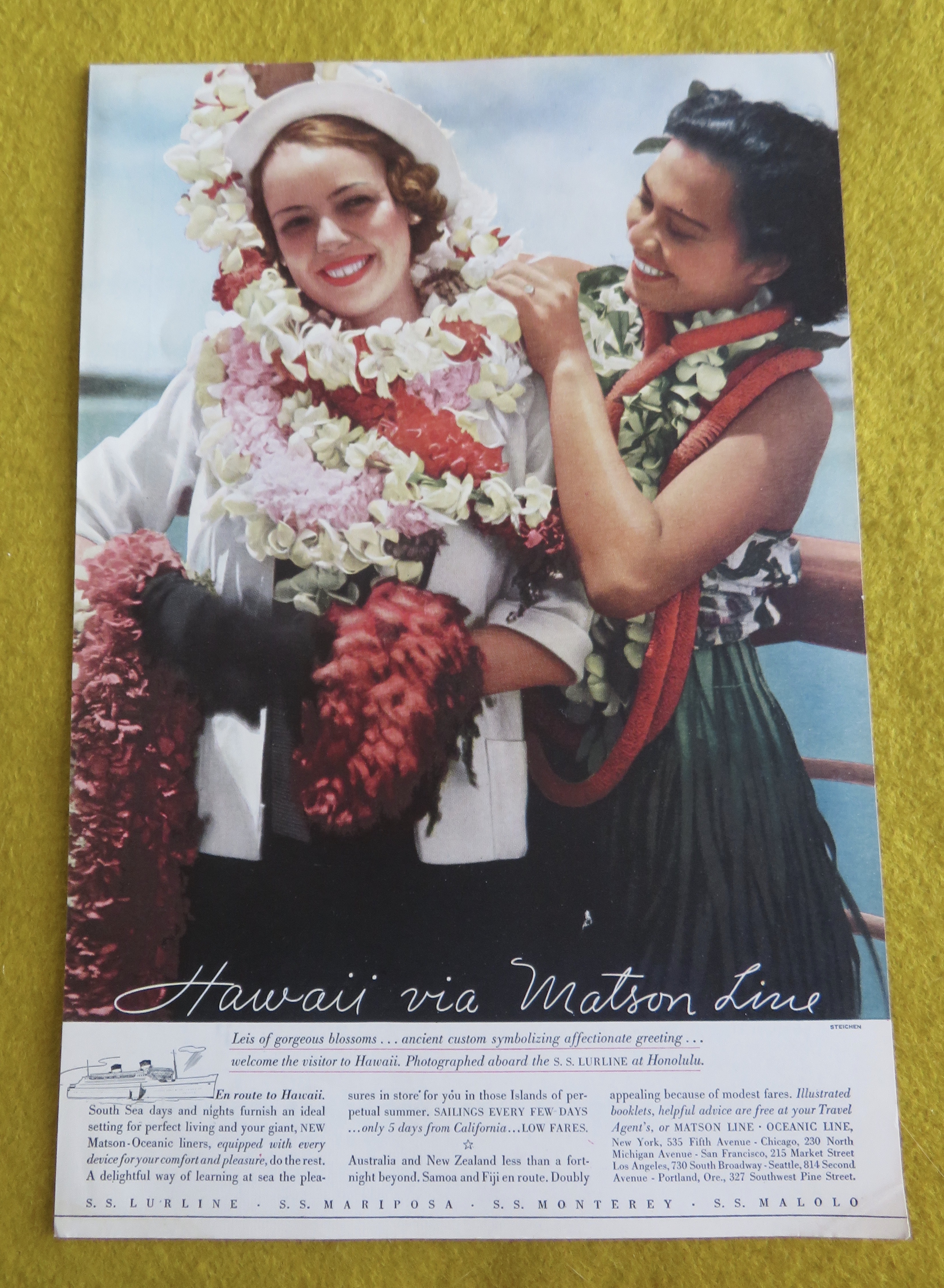 1934 Hawaii Via Matson Line with Woman Wearing Leis