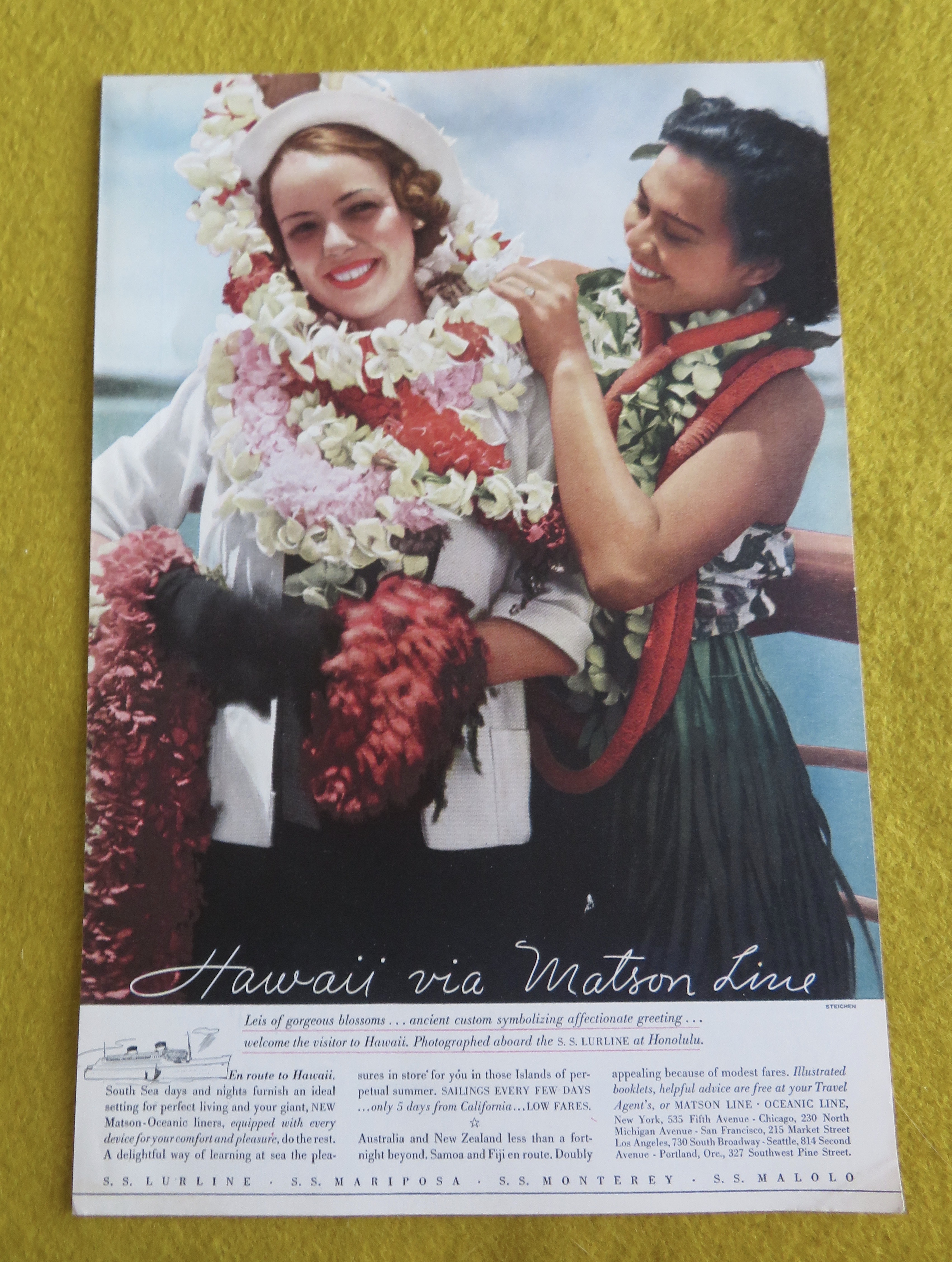 1934 Hawaii Via Matson Line with Woman Wearing Leis
