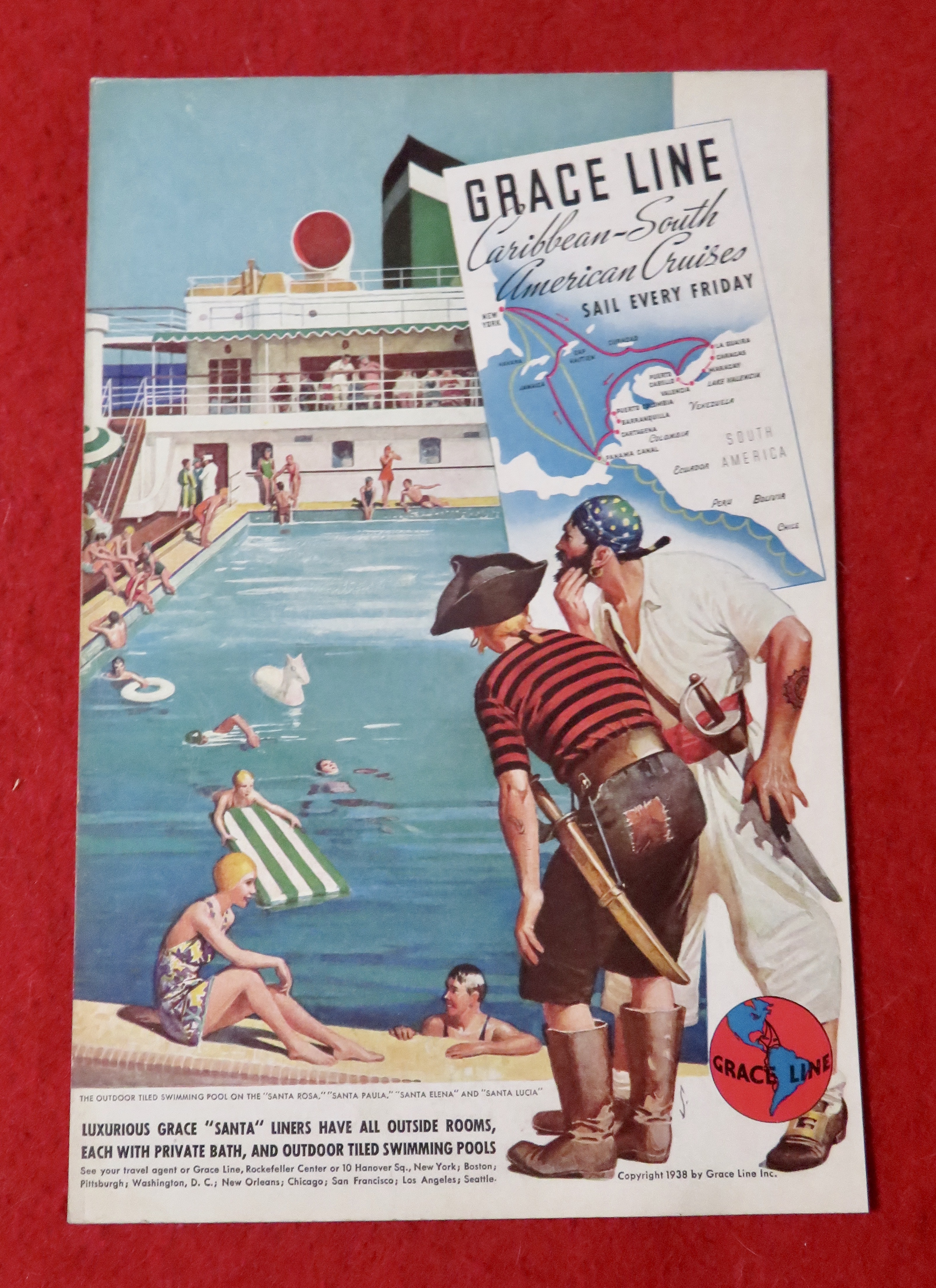 1939 Grace Line Cruises w/ Two Pirates Looking at Pool