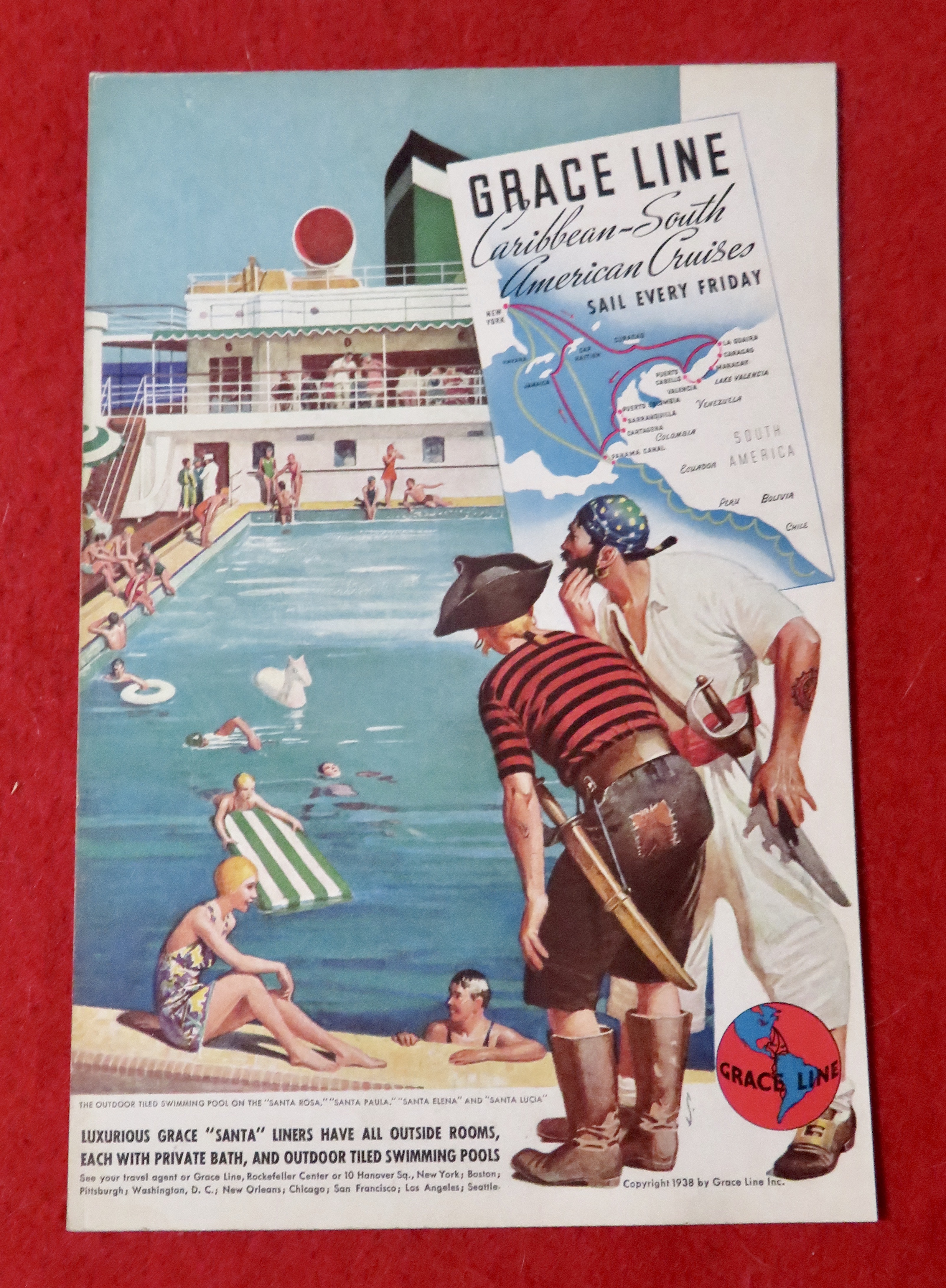 1939 Grace Line Cruises w/ Two Pirates Looking at Pool