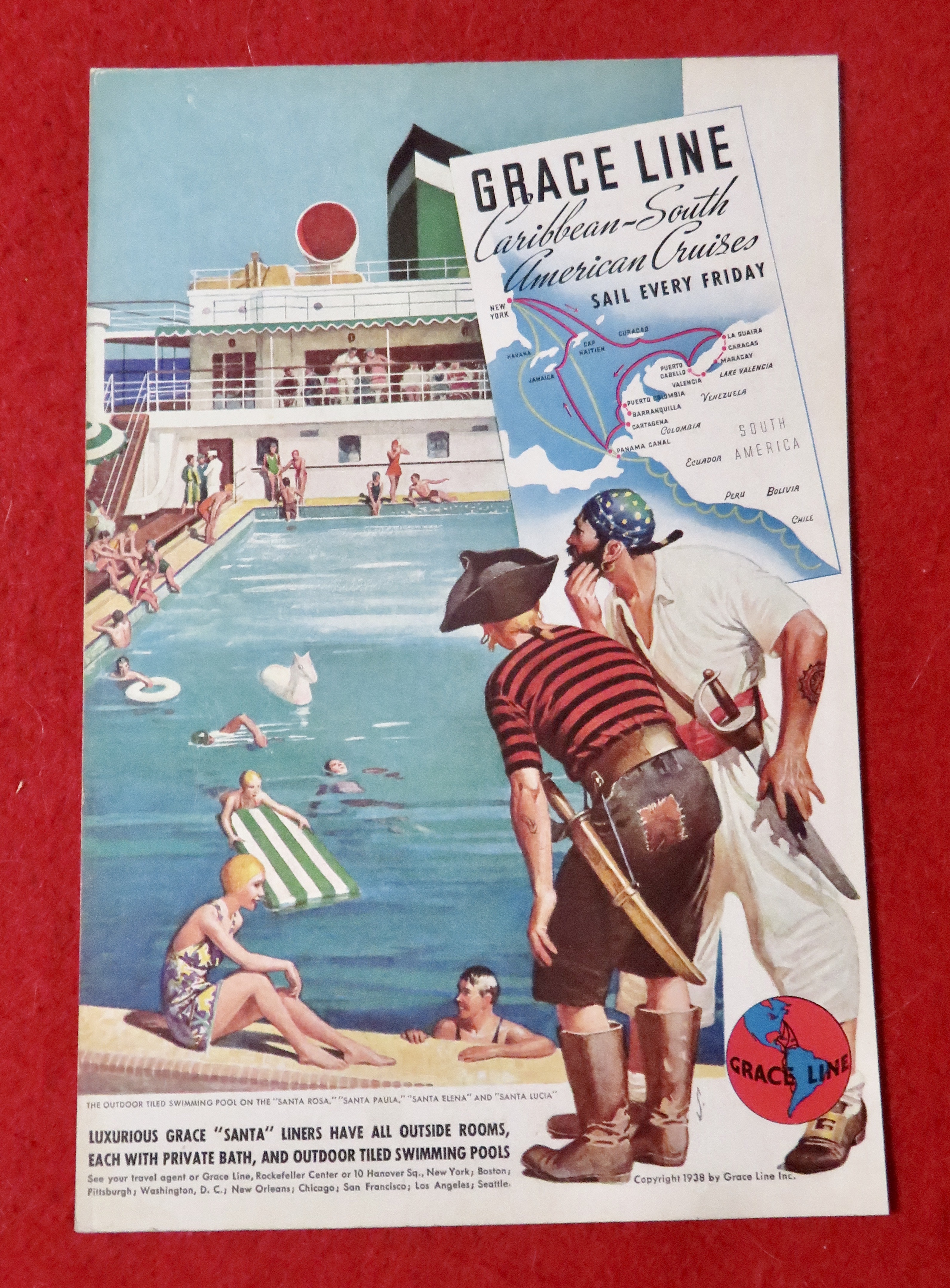 1939 Grace Line Cruises w/ Two Pirates Looking at Pool