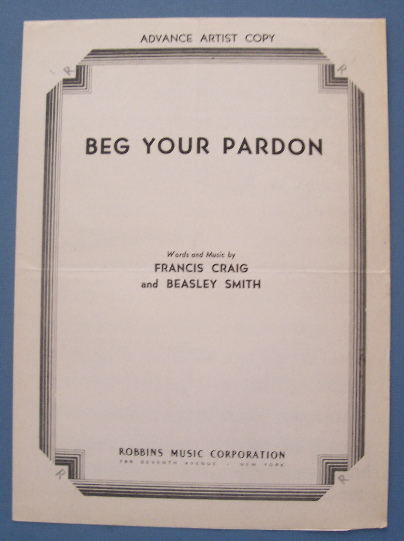 Sheet Music For 1947 Beg Your Pardon (Artist Copy)