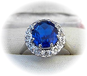 Ring 14 K White Gold Synthetic Sapphire & Diamond