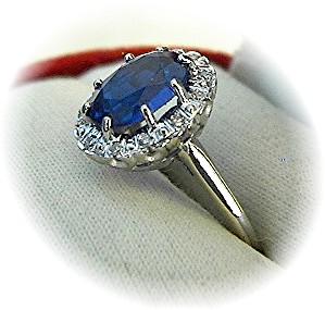 Ring 14 K White Gold Synthetic Sapphire & Diamond